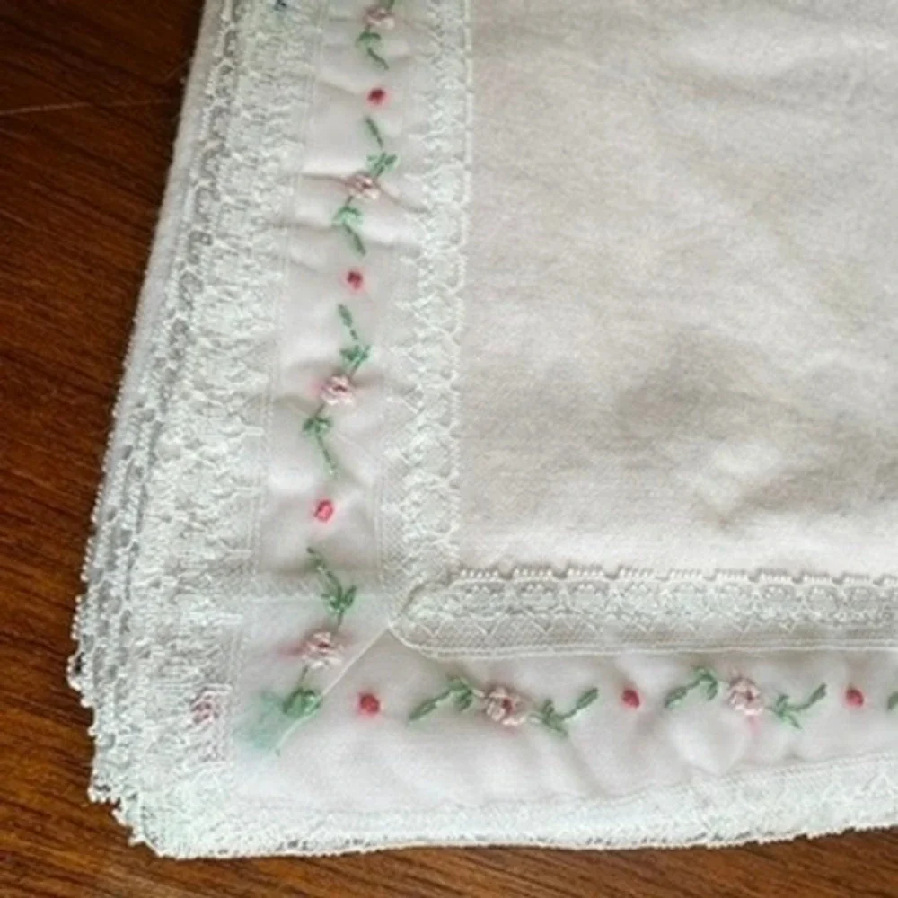 Dapper-Do Originals Vintage Pink Baby Blanket Floral Embroidery Lace Satin Bows